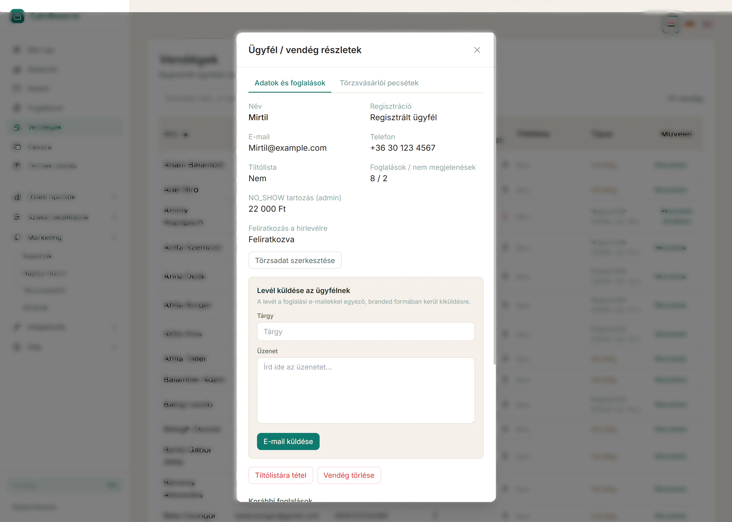 Client profile showing the no-show counter and block option